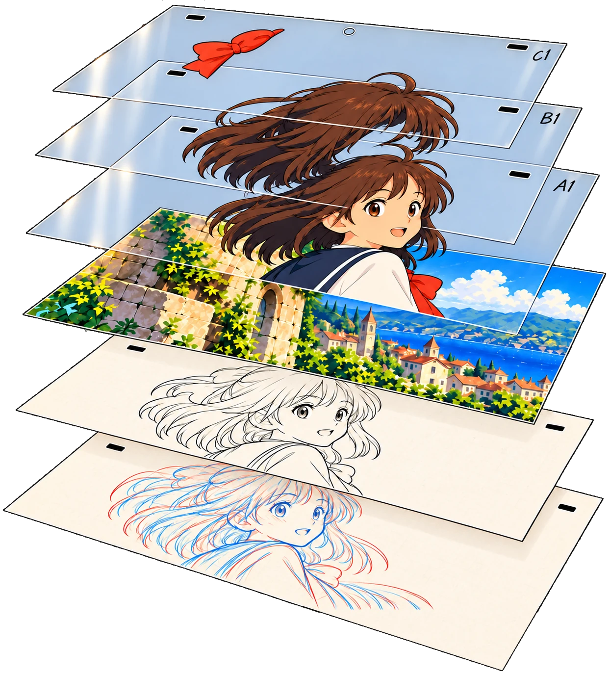 Six sheets of one animation setup floating apart: three painted cel layers lettered C1, B1 and A1, a painted background, and two pencil drawings.